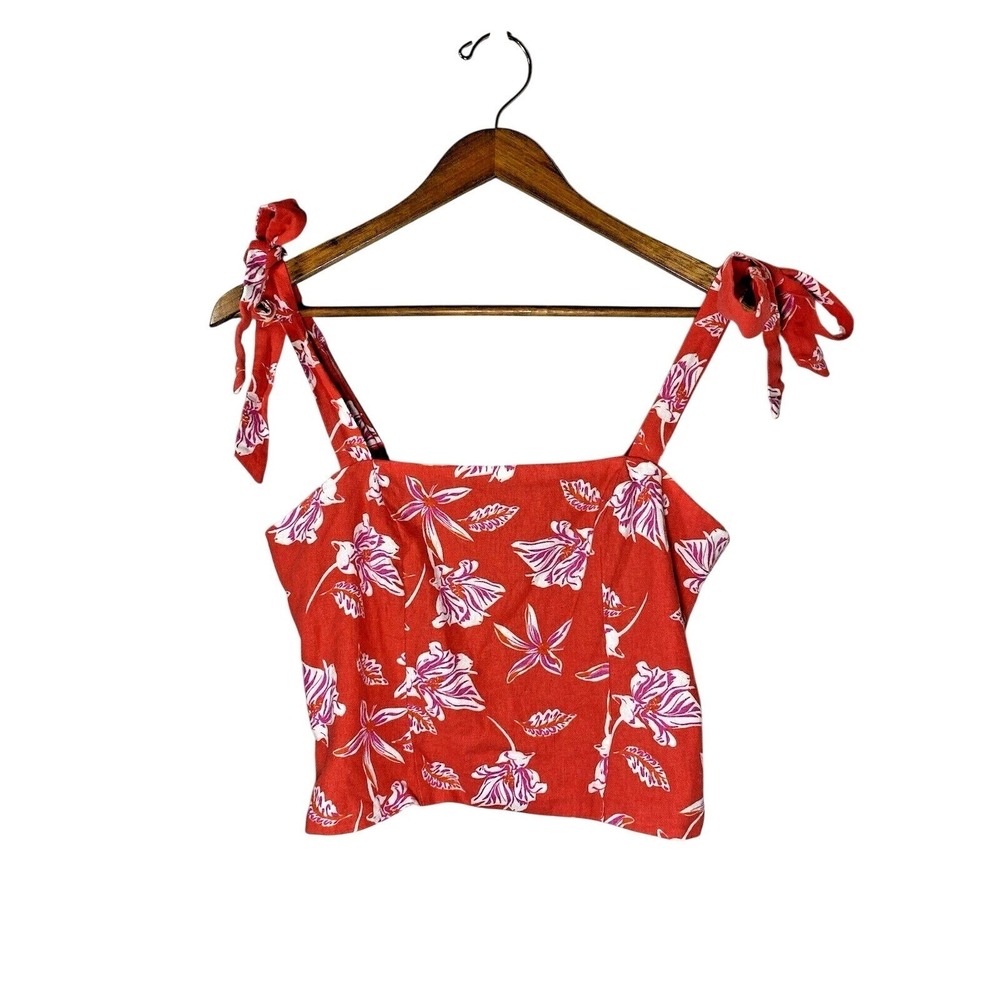 Joie Red Floral Linen Blend Tie Shoulder Smocked Crop Top Sz 6 Tropical Vacation